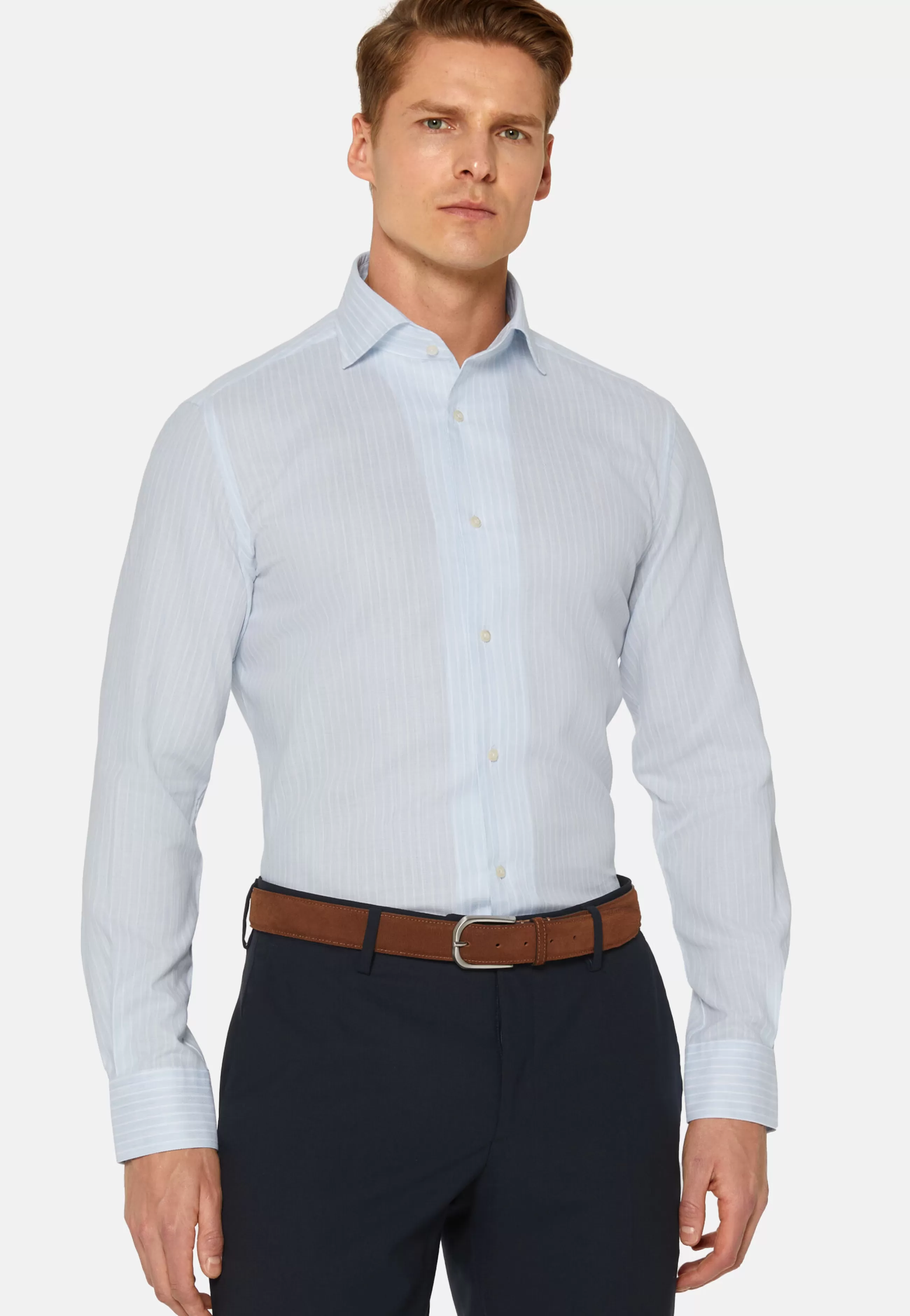 Boggi Milano Camicie Classiche-Camicia A Righe Azzurre In Cotone Dobby Regular