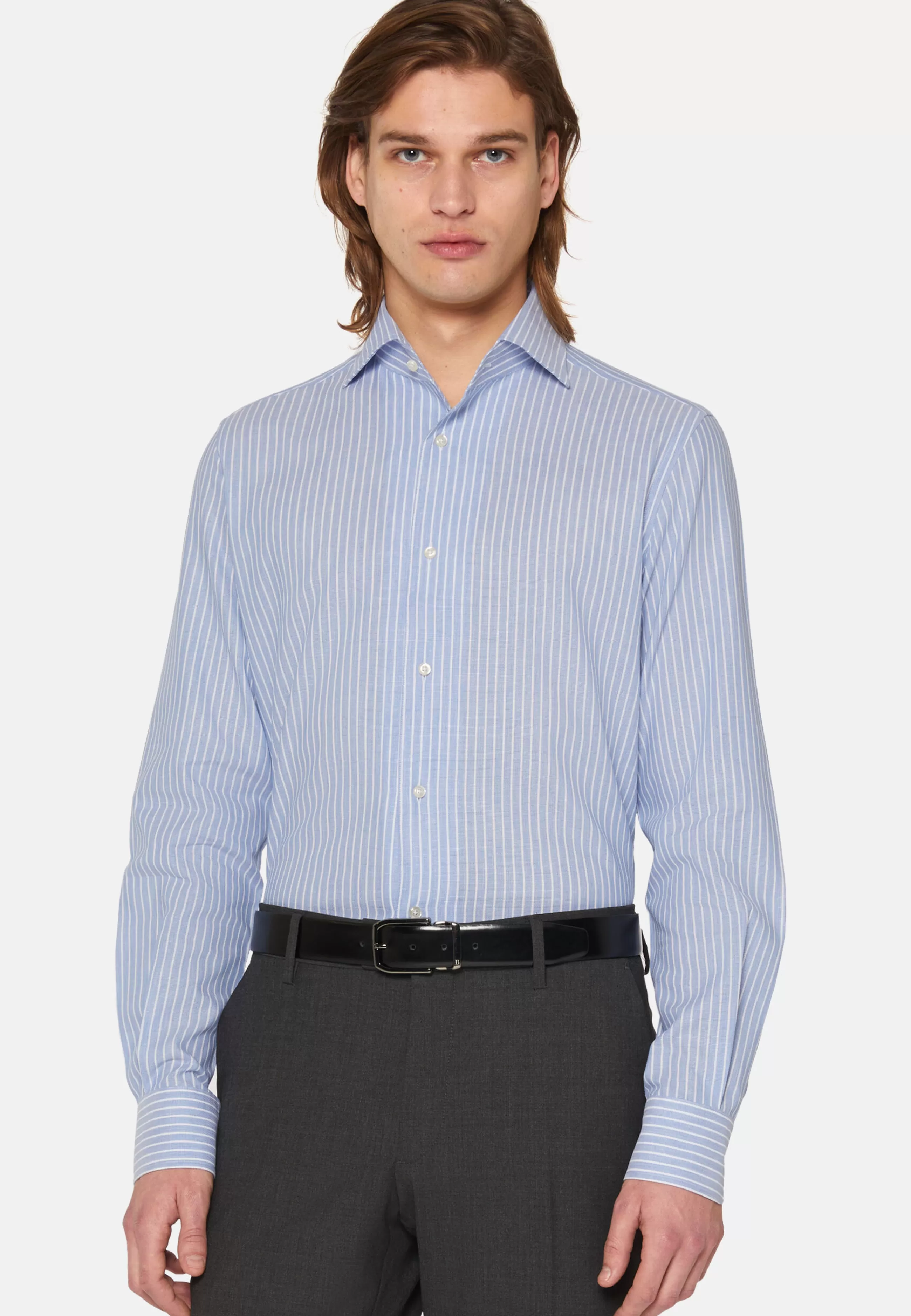 Boggi Milano Camicie Classiche-Camicia A Righe Azzurre In Cotone Dobby Regular