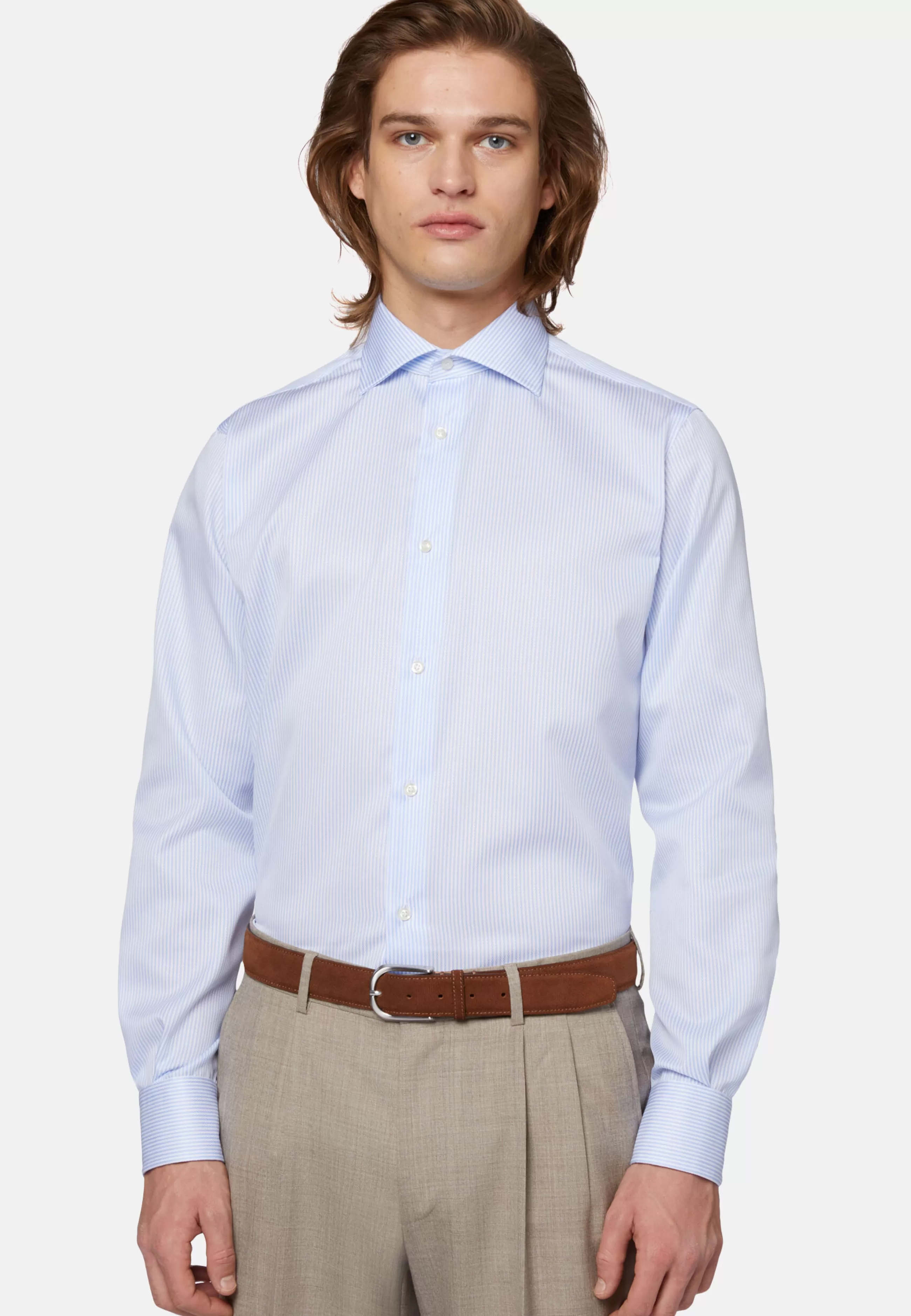 Boggi Milano Camicie Classiche-Camicia A Righe Azzurre In Cotone Dobby Regular