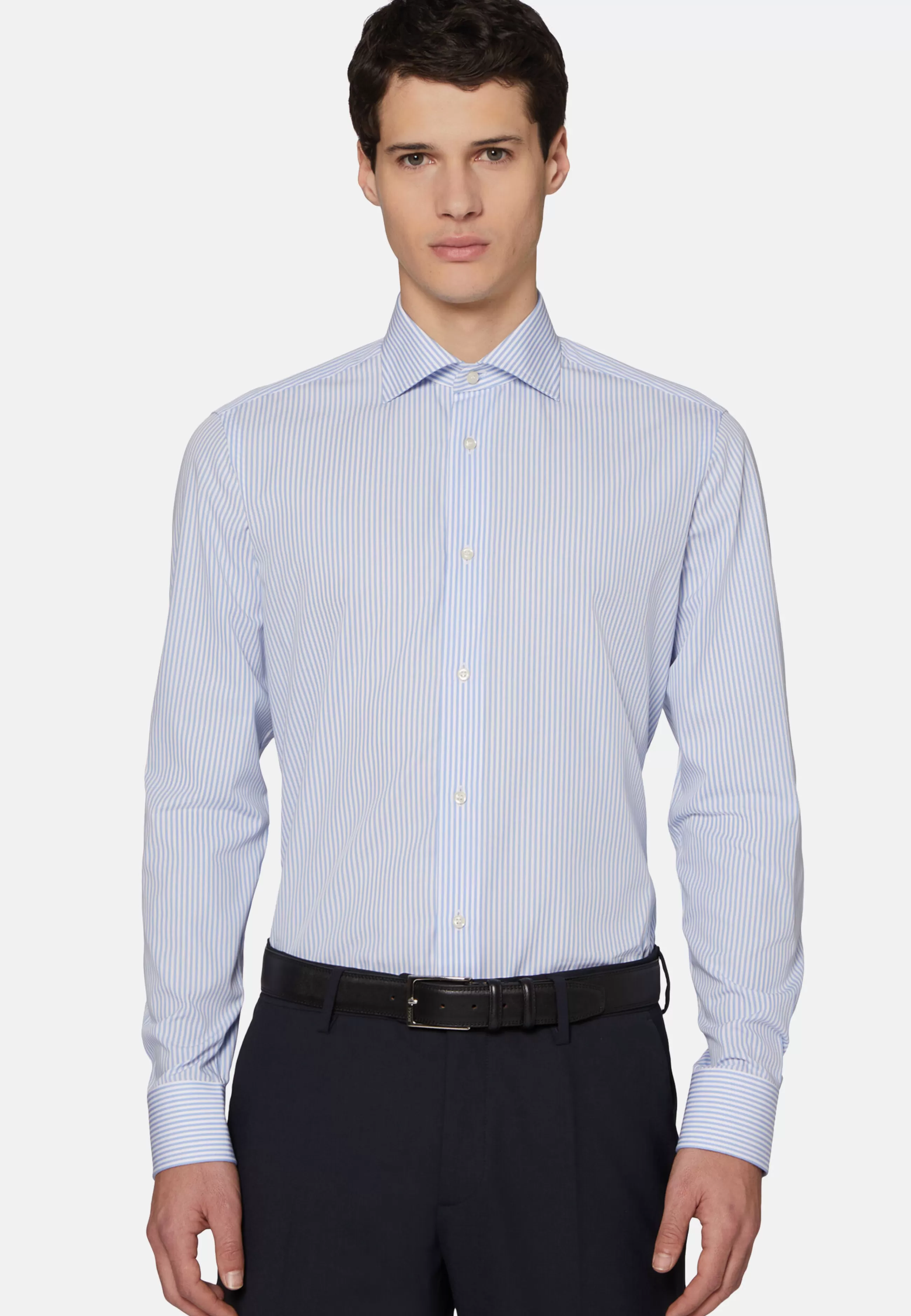 Boggi Milano Camicie Classiche-Camicia A Righe Azzurre In Cotone Dobby Slim Fit