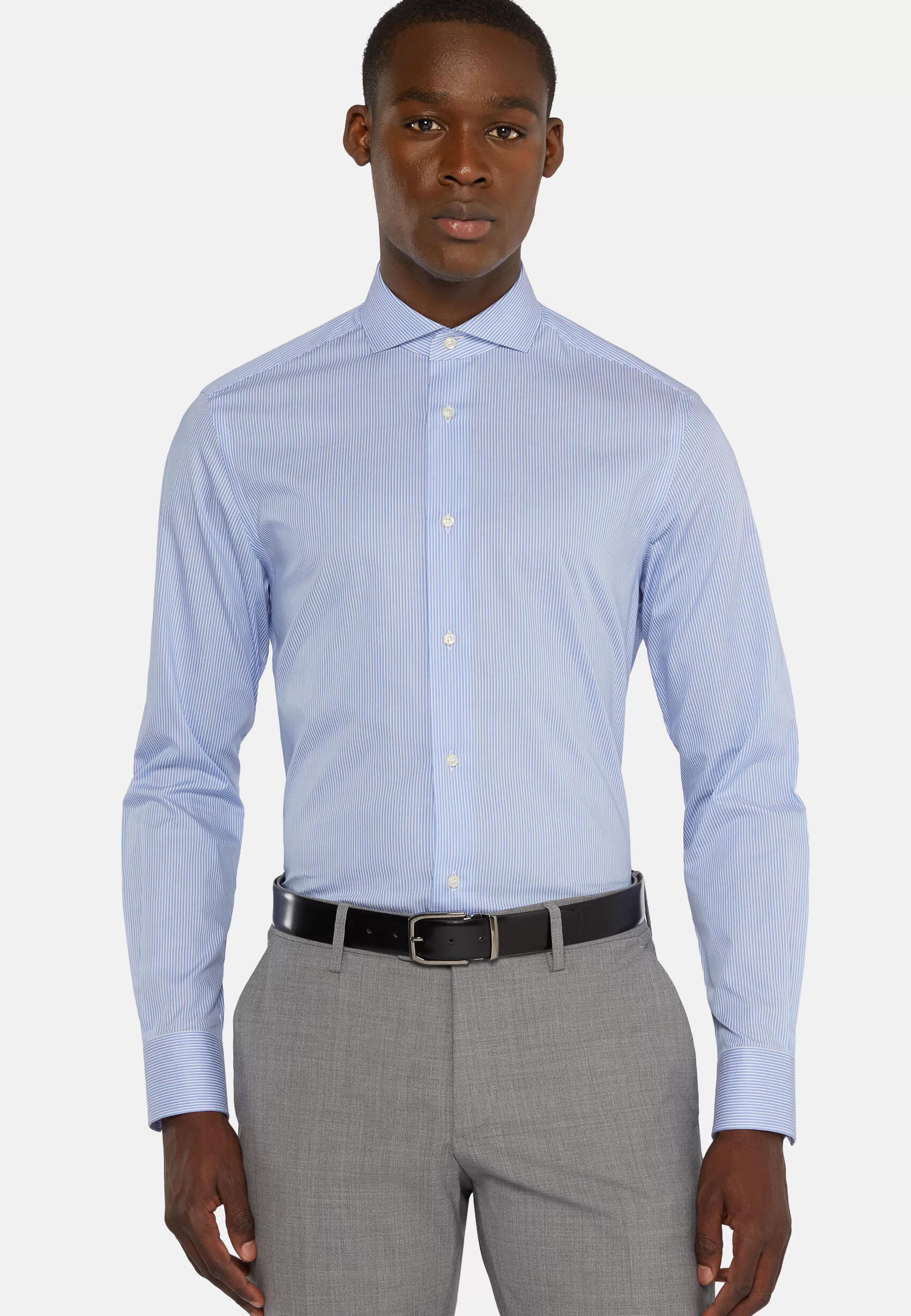 Boggi Milano Camicie Classiche-Camicia A Righe Azzurre In Cotone Dobby Slim Fit