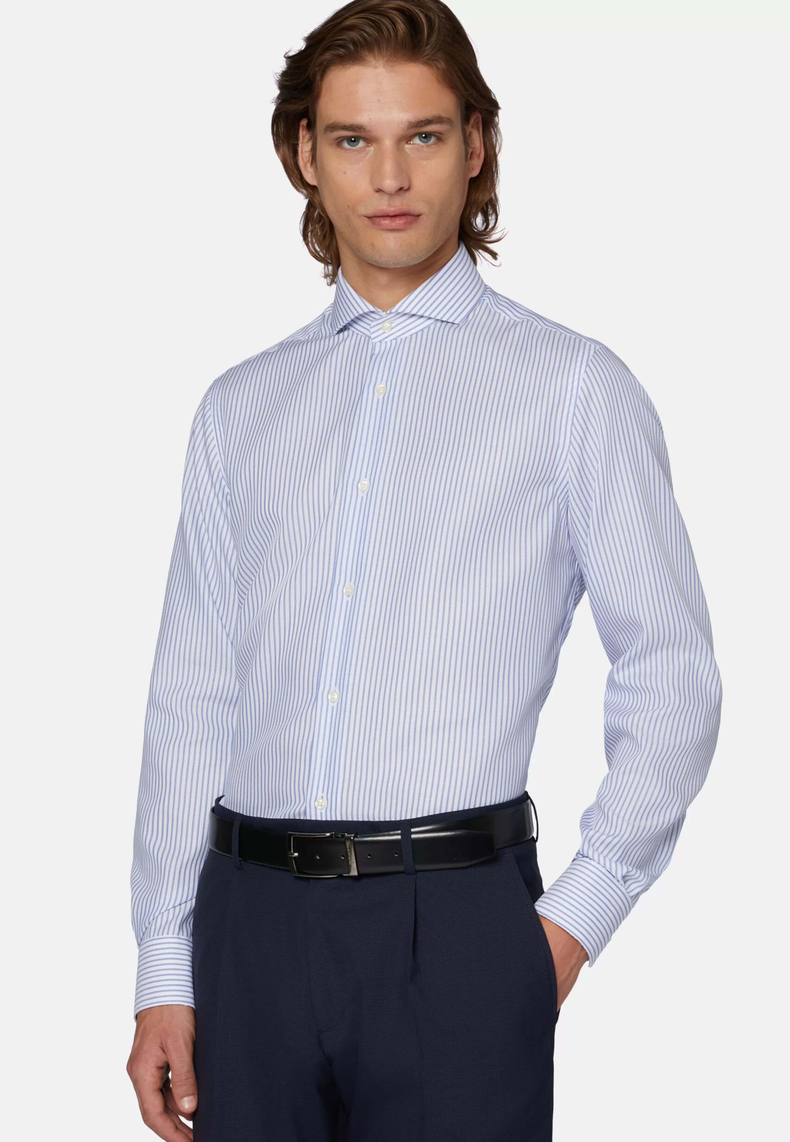 Boggi Milano Camicie Classiche-Camicia A Righe Azzurre In Cotone Dobby Slim Fit