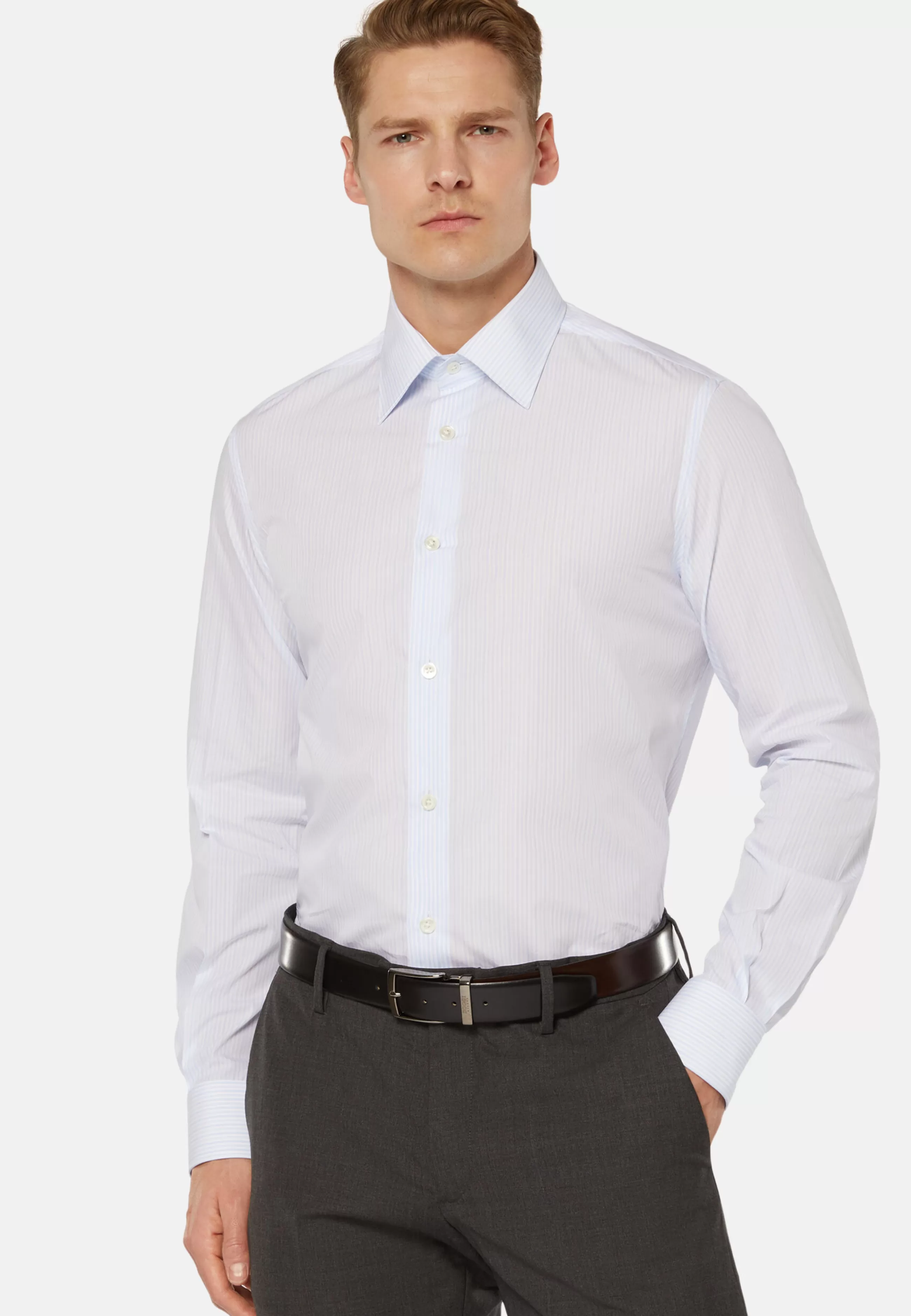 Boggi Milano Camicie Classiche-Camicia A Righe Azzurre In Cotone Regular Fit