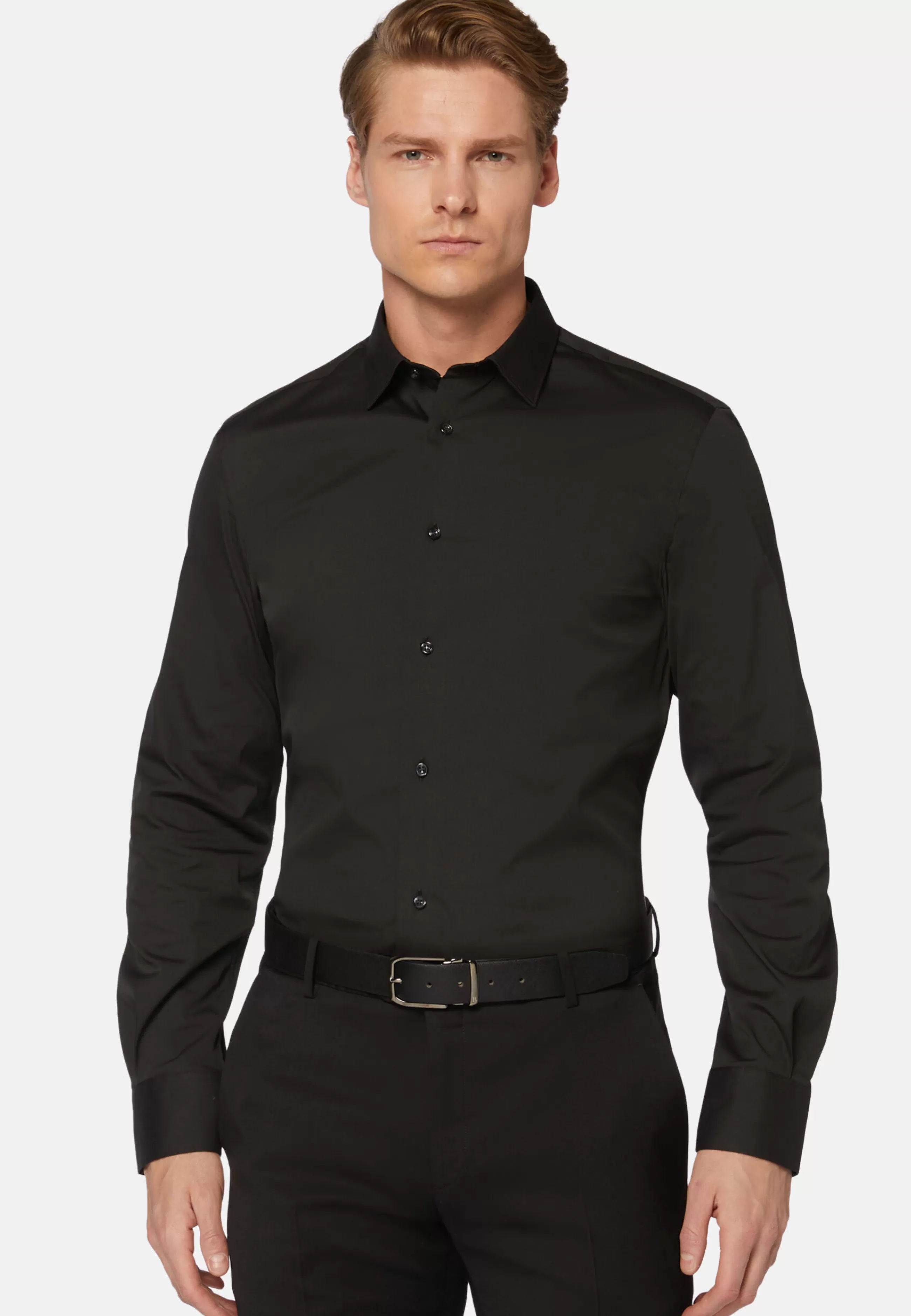 Boggi Milano Camicie Classiche-Camicia Nera In Cotone Elasticizzato Slim Fit