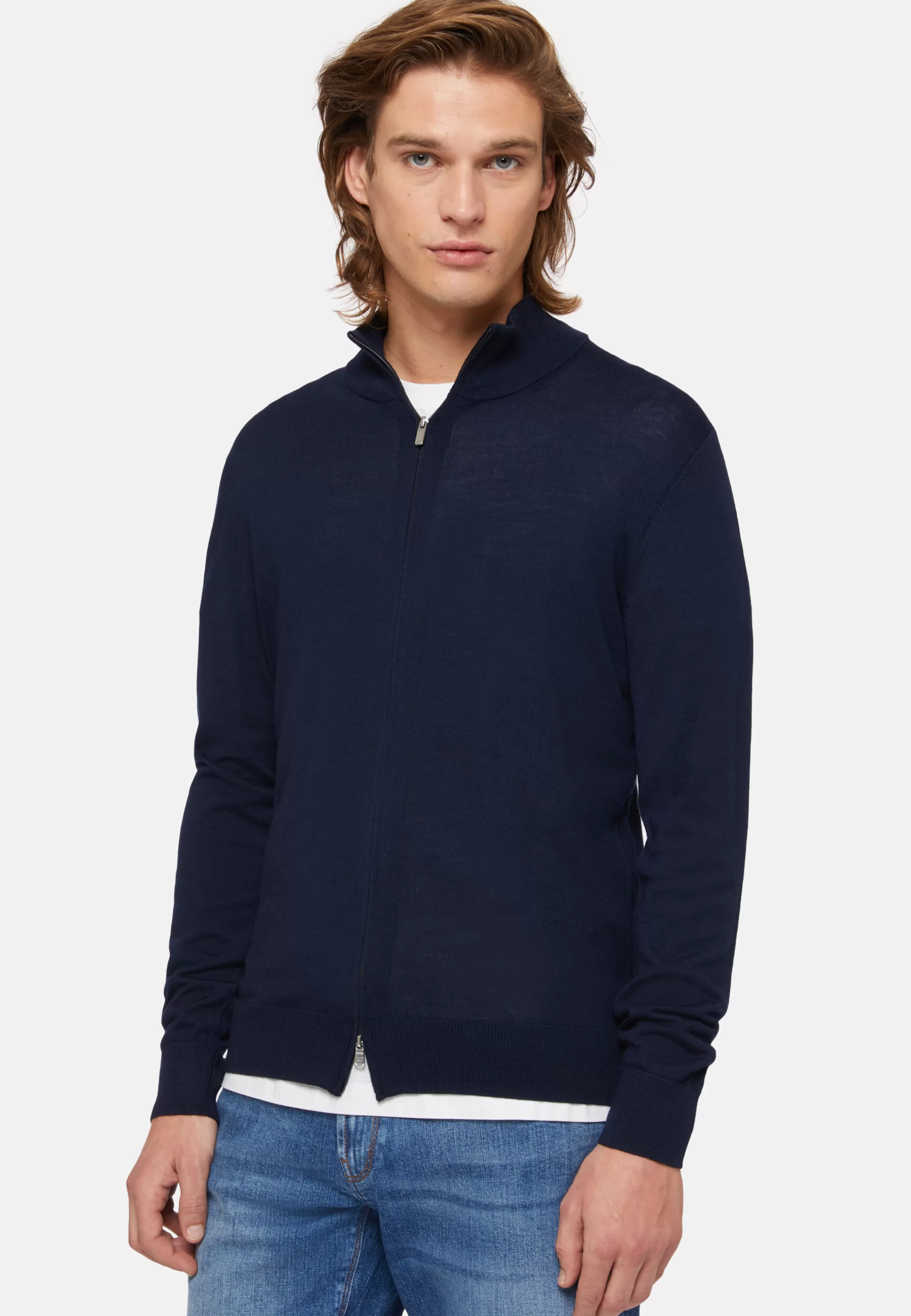 Boggi Milano Maglieria-Maglia Full Zip Azzurro In Lana Merino